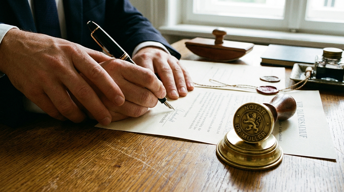 Eine Nahaufnahme von zwei Händen, die mit einem edlen Füllfederhalter eine Unterschrift auf ein offizielles Dokument setzen, daneben liegt ein glänzendes Notarsiegel aus Messing auf einem massiven Holzschreibtisch.