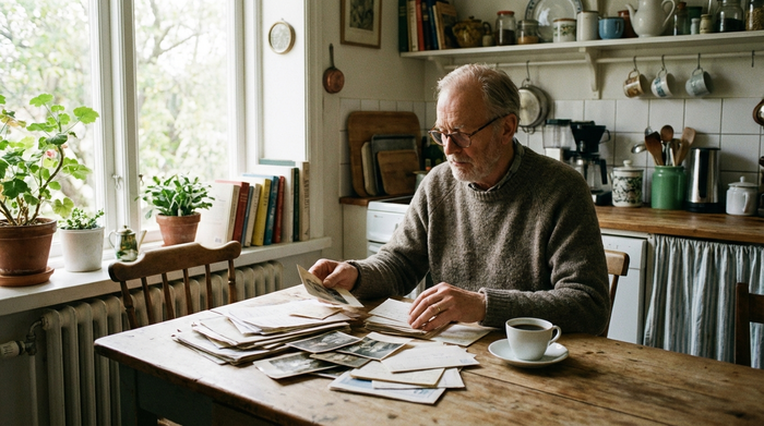 Ein älterer Herr sitzt nachdenklich mit einer Tasse Kaffee an seinem Küchentisch und sortiert verschiedene Unterlagen, weiches Tageslicht erhellt den gemütlichen Raum.
