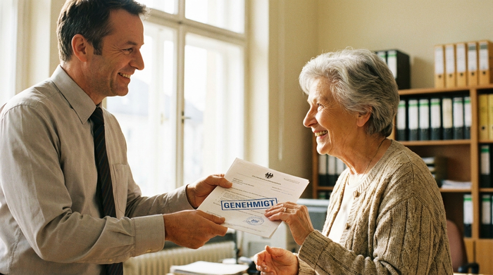 Ein freundlicher Behördenmitarbeiter überreicht einer lächelnden Seniorin in einem hellen Bürogebäude ein offiziell gestempeltes Dokument, im Hintergrund unscharfe Aktenordner in Regalen.