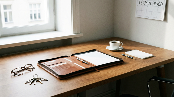 Eine ordentlich sortierte Mappe liegt griffbereit auf einem aufgeräumten Tisch, daneben eine Lesebrille und ein Schlüsselbund, bereit für den Termin.