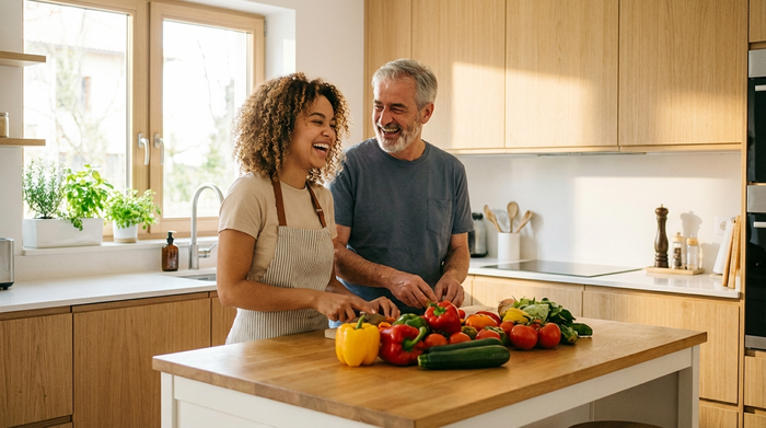 Eine junge Frau und ein älterer Herr stehen gemeinsam in einer sauberen, hellen Küche und bereiten frisches Gemüse für das Mittagessen vor. Beide lachen und wirken sehr vertraut. Realistisches, warmes Licht.