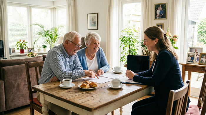 Ein älteres Ehepaar sitzt entspannt an einem Holztisch im Wohnzimmer und schaut sich gemeinsam mit einer freundlichen Beraterin Unterlagen an. Auf dem Tisch stehen Kaffeetassen. Helle und positive Stimmung.