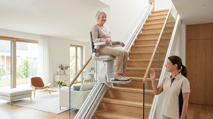Eine ältere Dame fährt sicher und entspannt mit einem modernen Treppenlift eine gut beleuchtete Holztreppe hinauf. Unten steht eine Betreuungskraft, die ihr aufmunternd und freundlich zulächelt. Sauberes, modernes Wohnumfeld.