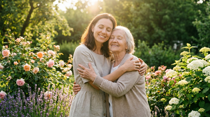 Eine erwachsene Tochter umarmt ihre ältere Mutter liebevoll in einem blühenden Garten. Beide Frauen strahlen tiefe Dankbarkeit und Entspannung aus. Sonniges Wetter, unscharfer grüner Hintergrund.