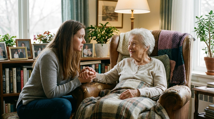 Eine besorgte Tochter hält liebevoll die Hand ihrer älteren Mutter, die in einem bequemen Sessel sitzt. Gemütliches Wohnzimmer, weiches Licht, emotionale und unterstützende Stimmung, realistische Fotografie.