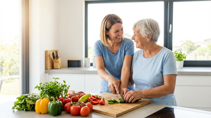 Eine engagierte Betreuerin hilft einer lächelnden Seniorin beim gemeinsamen Kochen in einer modernen, sauberen Küche. Frisches Gemüse auf dem Schneidebrett, aktive Alltagsbegleitung, sonnig und hell.