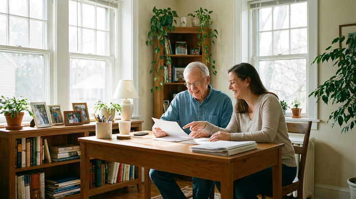 Ein älteres Ehepaar sitzt mit seiner erwachsenen Tochter an einem aufgeräumten Schreibtisch und schaut entspannt auf einige Dokumente. Helle Umgebung, familiäre Planung, positive und beruhigende Atmosphäre.