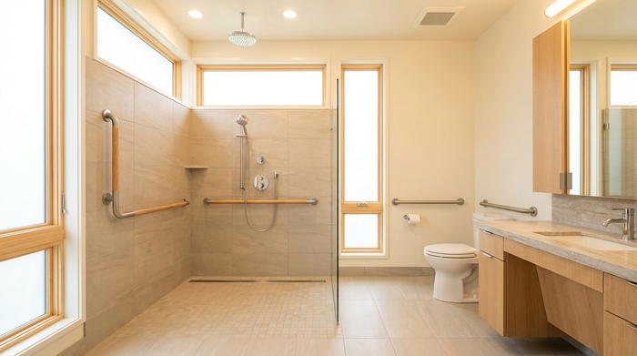 Ein sicheres und barrierefreies Badezimmer für Senioren mit einer modernen, bodengleichen Dusche und dezenten Haltegriffen an den Wänden. Hell erleuchtet, sauber, ohne Personen, hochwertige Einrichtung.