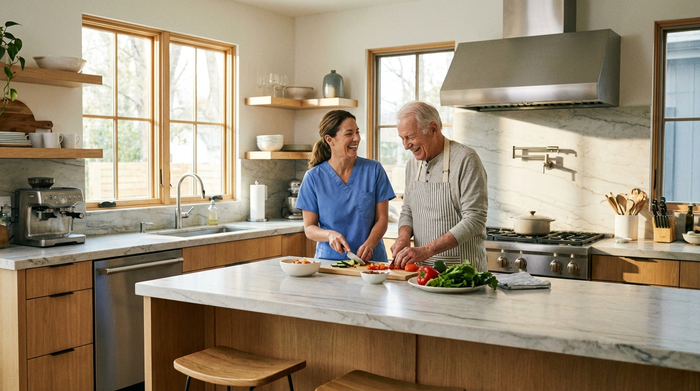 Eine professionelle Pflegekraft hilft einem älteren Herrn beim gemeinsamen Kochen in einer sauberen, modernen Küche. Entspannte Atmosphäre, Tageslicht, realistisches Fotomotiv.