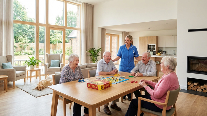 Ein heller Aufenthaltsraum in einem modernen Pflegeheim. Mehrere Senioren sitzen an einem Tisch und spielen ein Brettspiel, eine Pflegekraft steht lächelnd daneben.