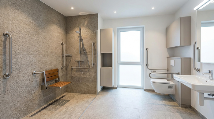 Ein modernes, barrierefreies Badezimmer mit einer bodengleichen Dusche, rutschfesten Fliesen und stabilen Haltegriffen. Sehr sauber, gut beleuchtet, ohne Personen im Bild.