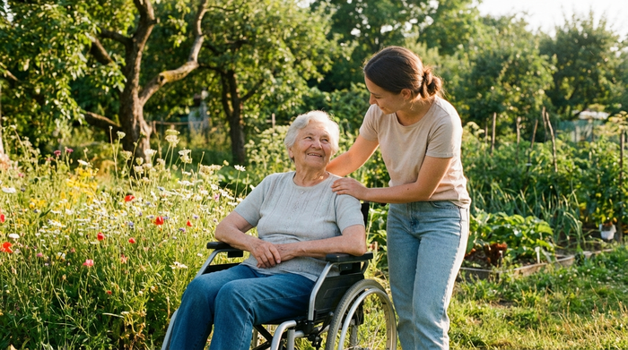 Eine ältere Frau im Rollstuhl lächelt entspannt im Garten, während eine jüngere Pflegekraft ihr liebevoll die Hand auf die Schulter legt. Sonniges Wetter, grüne Pflanzen im Hintergrund.