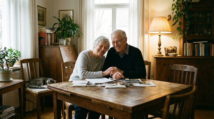 Ein älteres Ehepaar sitzt gemeinsam am Esstisch und betrachtet entspannt einige Dokumente. Gemütliches Zuhause, weiches Licht, positive und beruhigte Ausstrahlung.