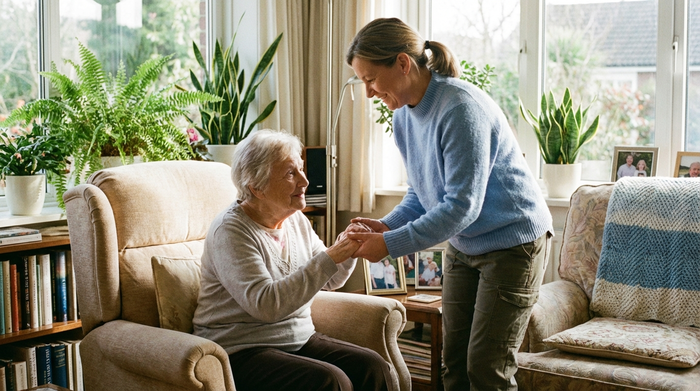 Eine Pflegerin hilft einer Seniorin sanft beim Aufstehen aus einem bequemen Sessel. Helles, freundliches Wohnzimmer mit Zimmerpflanzen, respektvoller Umgang.
