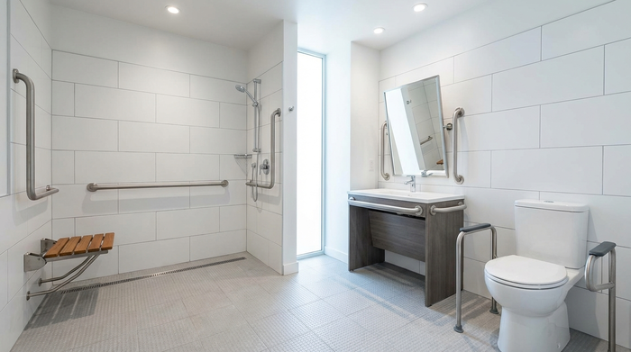 Ein modernes, barrierefreies Badezimmer mit einer ebenerdigen Dusche, rutschfesten Fliesen und stabilen Haltegriffen. Sauber, hell gefliest, sichere Umgebung für Senioren, ohne Personen.