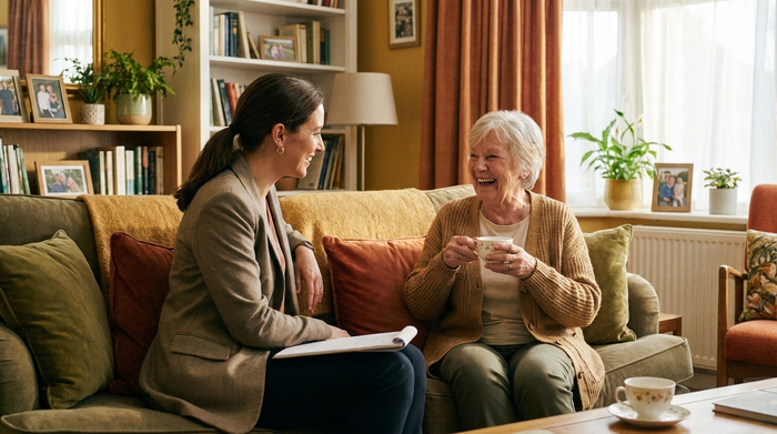 Eine aufmerksame Beraterin im Gespräch mit einer älteren Frau auf einem Sofa, beide lächeln. Entspannte Beratungssituation, warme Farben, professionelle Hilfe im häuslichen Umfeld.
