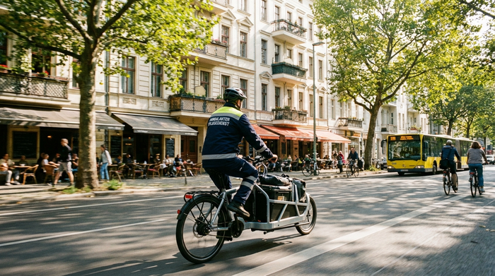 Ein Pfleger fährt mit einem modernen E-Bike durch eine belebte, von Bäumen gesäumte Straße in einem Berliner Kiez. Sonniges Wetter, typische Altbaufassaden im Hintergrund. Realistischer, dynamischer Stil.