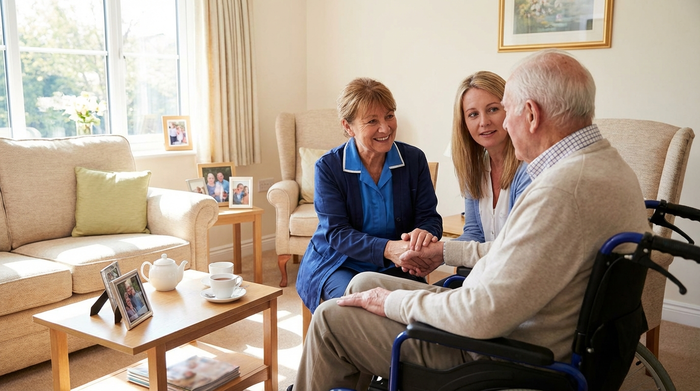Eine erfahrene Pflegedienstleiterin im Gespräch mit einem Senior und dessen Tochter im heimischen Wohnzimmer. Zugewandte Körperhaltung, aufmerksamer Blick, vertrauensvolle Stimmung. Helle, freundliche Umgebung ohne ablenkende Elemente.