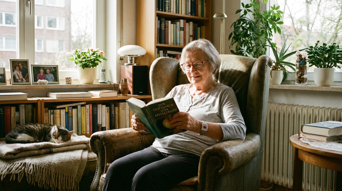Eine ältere Dame mit einem unauffälligen Hausnotruf-Armband am Handgelenk liest entspannt ein Buch in ihrem bequemen Sessel. Friedliche, sichere und behagliche Atmosphäre im eigenen Zuhause bei Tageslicht.