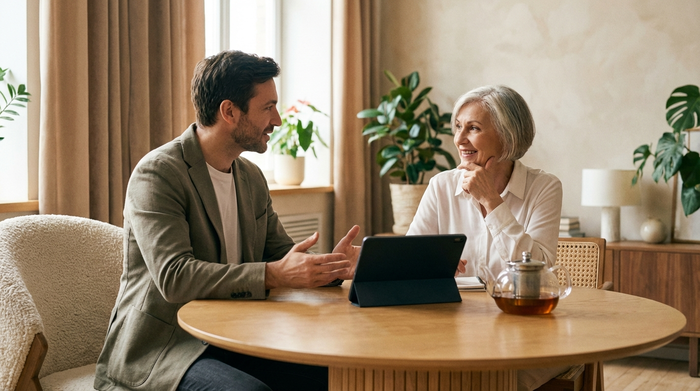 Ein freundlicher Berater in einem schlichten, modernen Büro erklärt einer älteren Dame geduldig etwas. Er hat eine offene Körperhaltung. Warme, vertrauensvolle Atmosphäre, professionelles Umfeld ohne sichtbare Schriftzüge.