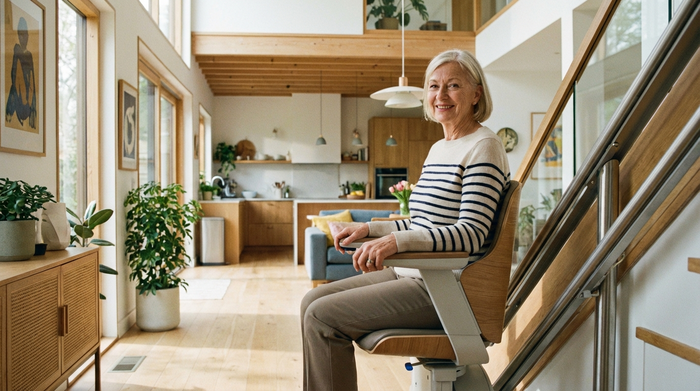 Eine rüstige Seniorin nutzt sicher einen modernen Treppenlift in einem stilvoll eingerichteten, hellen Einfamilienhaus. Sie lächelt zufrieden in die Kamera. Fokus auf Barrierefreiheit und Selbstständigkeit im eigenen Zuhause.