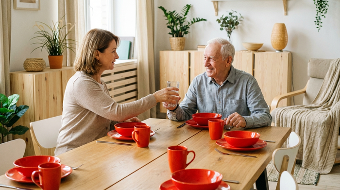 Eine liebevolle Pflegekraft reicht einem älteren Herrn ein Glas Wasser. Der Tisch ist mit leuchtend rotem, kontrastreichem Geschirr gedeckt, ideal für Demenzpatienten. Gemütliche, wohnliche Atmosphäre mit hellen Holzmöbeln, realistische Szene, keine Schriftzüge.