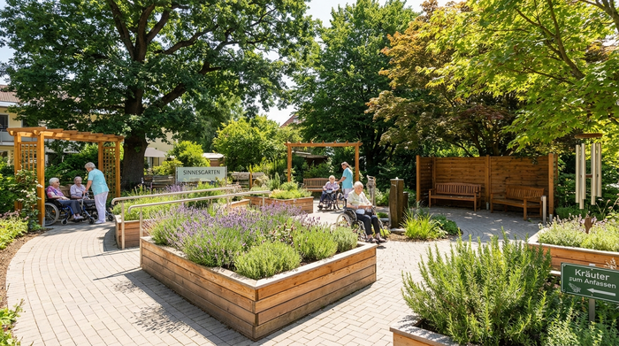Ein sonniger, barrierefreier Sinnesgarten für Senioren. Ein gepflasterter Rundweg führt an rollstuhlgerechten Hochbeeten mit blühendem Lavendel und Rosmarin vorbei. Gemütliche Holzsitzecken im Schatten großer Bäume laden zum Verweilen ein. Friedliche, sichere Umgebung.