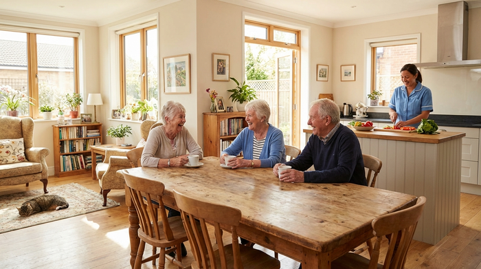 Eine geräumige, lichtdurchflutete Wohnküche in einer familiären Senioren-Wohngemeinschaft. Drei ältere Menschen sitzen entspannt an einem großen Holztisch und trinken Kaffee, während eine freundliche Betreuungskraft im Hintergrund frisches Gemüse schneidet. Warme, einladende Atmosphäre.