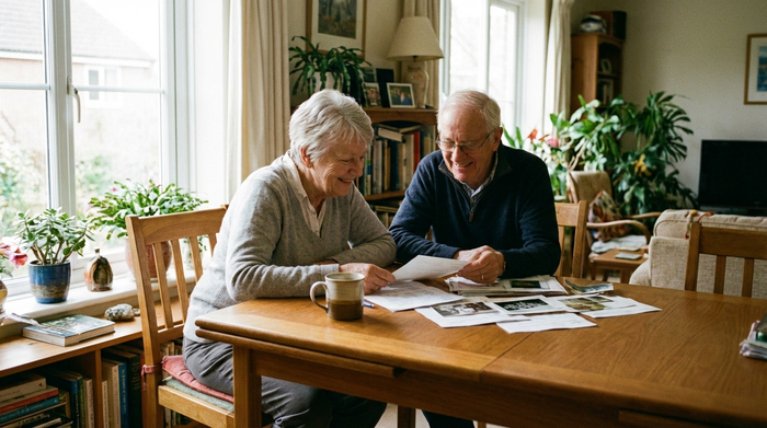 Ein älteres Ehepaar sitzt am heimischen Esstisch und betrachtet entspannt einige Dokumente. Eine Tasse Kaffee steht daneben. Friedliche, häusliche Szene, klares Licht, keine lesbaren Texte auf den Papieren.