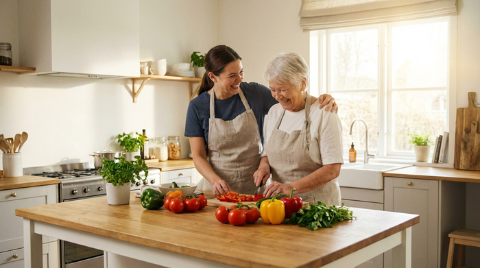 Eine liebevolle Betreuungskraft kocht gemeinsam mit einer lächelnden Seniorin in einer sauberen, gut beleuchteten Küche. Frisches Gemüse liegt auf der Arbeitsplatte, harmonische Stimmung, realistische und authentische Fotografie.