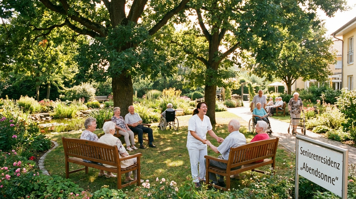 Ein gepflegter Garten eines Pflegeheims. Senioren sitzen gemütlich auf Bänken unter großen Bäumen, eine Pflegekraft unterhält sich lachend mit einem Bewohner. Sonniges Wetter, friedliche und sichere Umgebung.