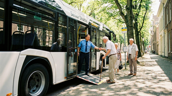 Ein moderner, barrierefreier Kleinbus für Senioren hält an einer sonnigen, von Bäumen gesäumten Straße. Ein freundlicher Fahrer in ordentlicher Kleidung hilft einem älteren Herrn mit Gehstock behutsam und geduldig beim Einsteigen.