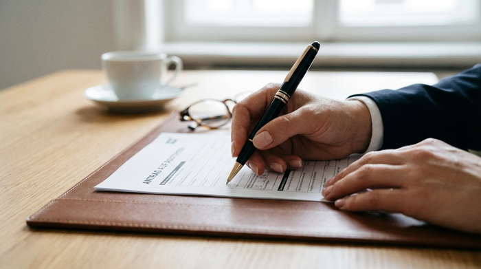 Eine Nahaufnahme von gepflegten Händen, die mit einem eleganten Kugelschreiber ein offizielles Formular auf einem sauberen, aufgeräumten Schreibtisch ausfüllen. Im Hintergrund sind unscharf eine weiße Kaffeetasse und eine Lesebrille zu erkennen.