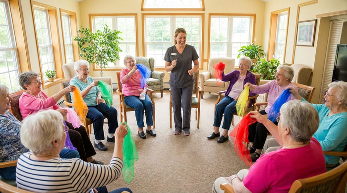 Eine fröhliche Gruppe von Senioren sitzt in einem hellen, freundlichen Raum im Stuhlkreis zusammen und macht leichte Gymnastikübungen mit bunten Tüchern. Eine motivierte Betreuerin steht in der Mitte und leitet die Gruppe mit einem breiten Lächeln an.