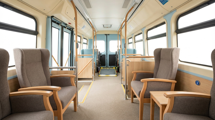 Innenraum eines geräumigen Kleinbusses für den Seniorentransport. Bequeme Sitze, große Fenster und Haltegriffe. Eine entspannte, helle Umgebung ohne Personen.