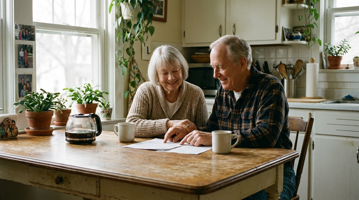Ein älteres Ehepaar sitzt am Küchentisch und betrachtet entspannt einige Dokumente. Eine Tasse Kaffee steht daneben, weiches Tageslicht fällt durch das Fenster.