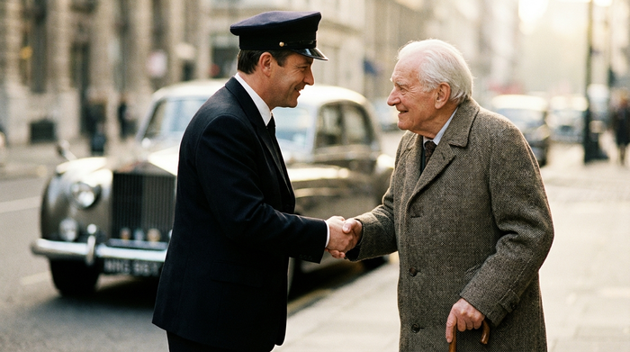Ein einfühlsamer Fahrer in Dienstkleidung reicht einem älteren Herrn sanft die Hand. Beide lächeln sich vertrauensvoll an, im Hintergrund ist verschwommen ein Fahrzeug zu erkennen.