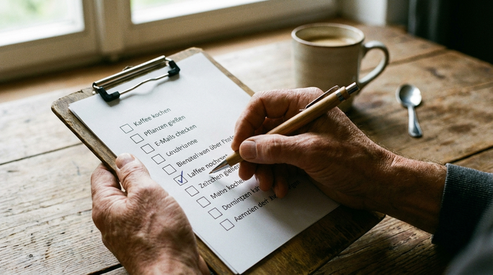 Eine Nahaufnahme von Händen, die mit einem Stift auf einem Klemmbrett eine Checkliste abhaken. Im Hintergrund unscharf eine Kaffeetasse auf einem Holztisch.