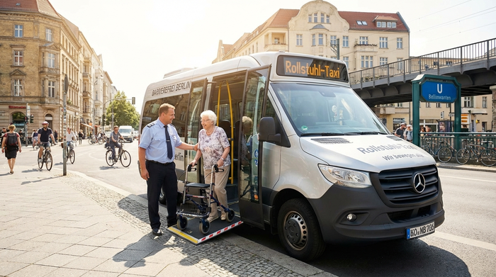 Ein moderner, barrierefreier Kleinbus steht in einer sonnigen Berliner Straße. Ein freundlicher Fahrer hilft einer lächelnden älteren Dame behutsam beim Einstieg. Realistische, alltägliche Szene mit klarem Licht.