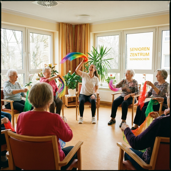 Eine Gruppe von Senioren sitzt im Kreis in einem hellen Raum und macht leichte Sitzgymnastik mit bunten Tüchern. Eine engagierte Pflegekraft macht die Übungen freudig vor.