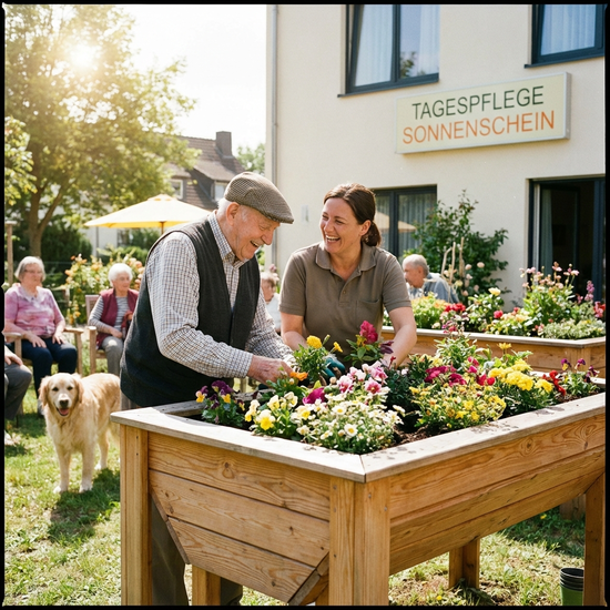 Ein älterer Herr und eine Pflegerin pflanzen gemeinsam Blumen in ein rückenfreundliches Hochbeet im Garten der Tagespflege. Sonniges Wetter und fröhliche Stimmung.