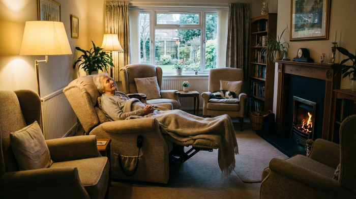 Ein gemütlicher, leicht abgedunkelter Ruheraum mit bequemen, verstellbaren Pflegesesseln. Eine ältere Dame ruht sich zugedeckt mit einer weichen Decke aus. Friedliche und entspannende Atmosphäre.
