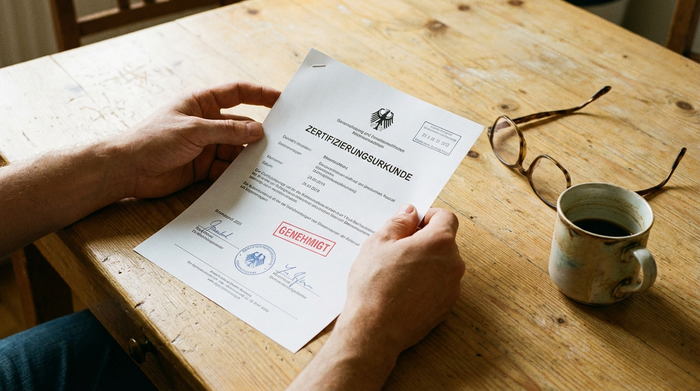 Zwei Hände, die ein offiziell aussehendes Dokument mit einem Stempel auf einem hellen Holztisch durchgehen. Eine Brille und eine Kaffeetasse stehen daneben. Symbolisiert Zertifizierung und Bürokratie.