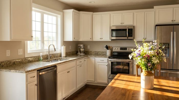 Eine saubere, aufgeräumte Küche mit glänzenden Arbeitsflächen. Ein Strauß frischer Blumen steht auf dem Esstisch. Durch das Fenster fällt warmes Sonnenlicht.