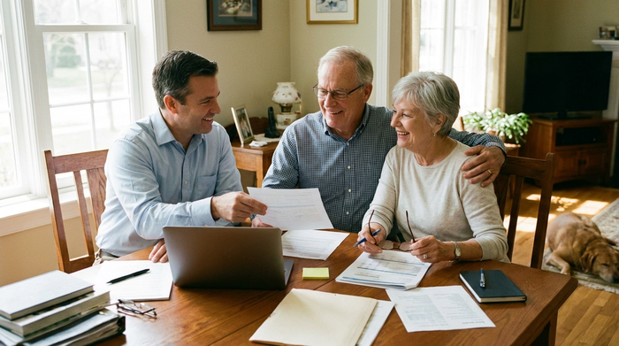 Ein freundlicher Berater sitzt mit einem älteren Ehepaar am Esstisch und bespricht gemeinsam Unterlagen. Sie lächeln und wirken erleichtert.