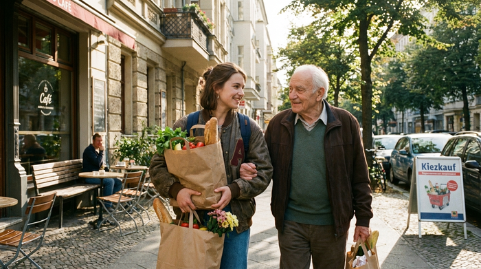 Eine junge Frau hilft einem älteren Herrn liebevoll beim Tragen von Papiertüten mit frischen Lebensmitteln aus dem Supermarkt. Szene auf einem sonnigen Berliner Gehweg.