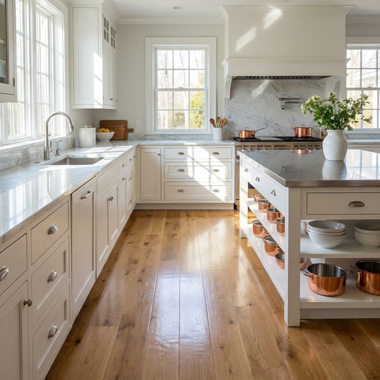 Eine ordentliche, blitzsaubere Küche mit glänzenden Arbeitsflächen und frisch gewischtem Holzboden. Helles Sonnenlicht erhellt den aufgeräumten Raum.