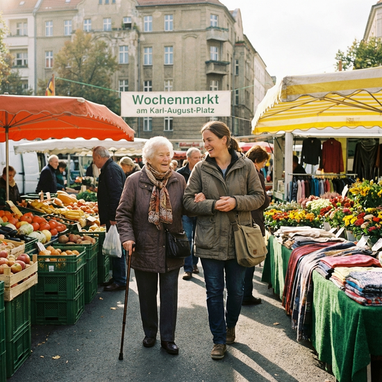 Eine geduldige Alltagsbegleiterin hakt sich bei einer älteren Dame unter, während sie gemeinsam entspannt über einen bunten Berliner Wochenmarkt schlendern.