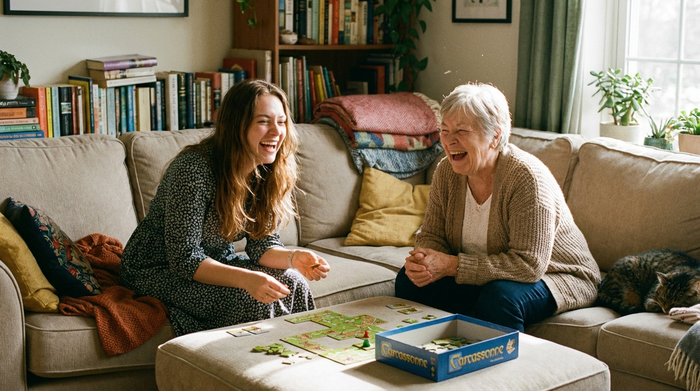 Zwei Frauen, eine jüngere und eine ältere, sitzen lachend auf einem bequemen Sofa in einem gemütlichen Wohnzimmer und spielen fröhlich ein Brettspiel.