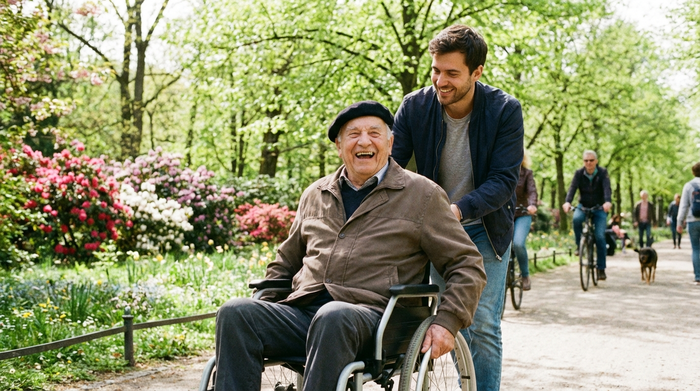 Ein rüstiger Senior im Rollstuhl fährt gemeinsam mit einem aufmerksamen Alltagsbegleiter durch einen grünen, blühenden Berliner Park im Frühling.